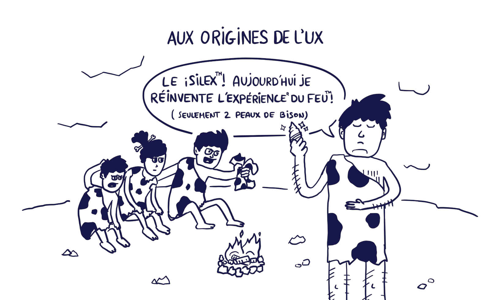 Illustration d'hommes des cavernes dans une parodie de keynote d'Apple