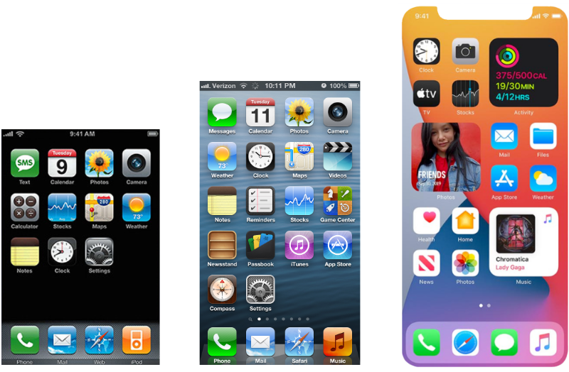 3 capturas del sistema iOS, versiones 1, 6 y 14