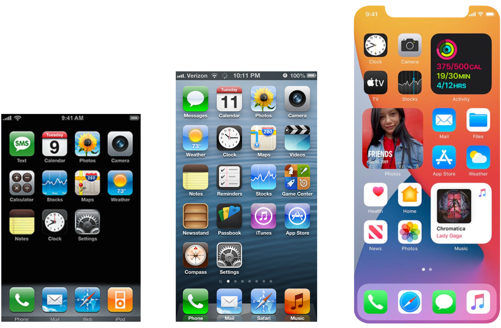 3 captures d'iOS, version 1, 6 et 14