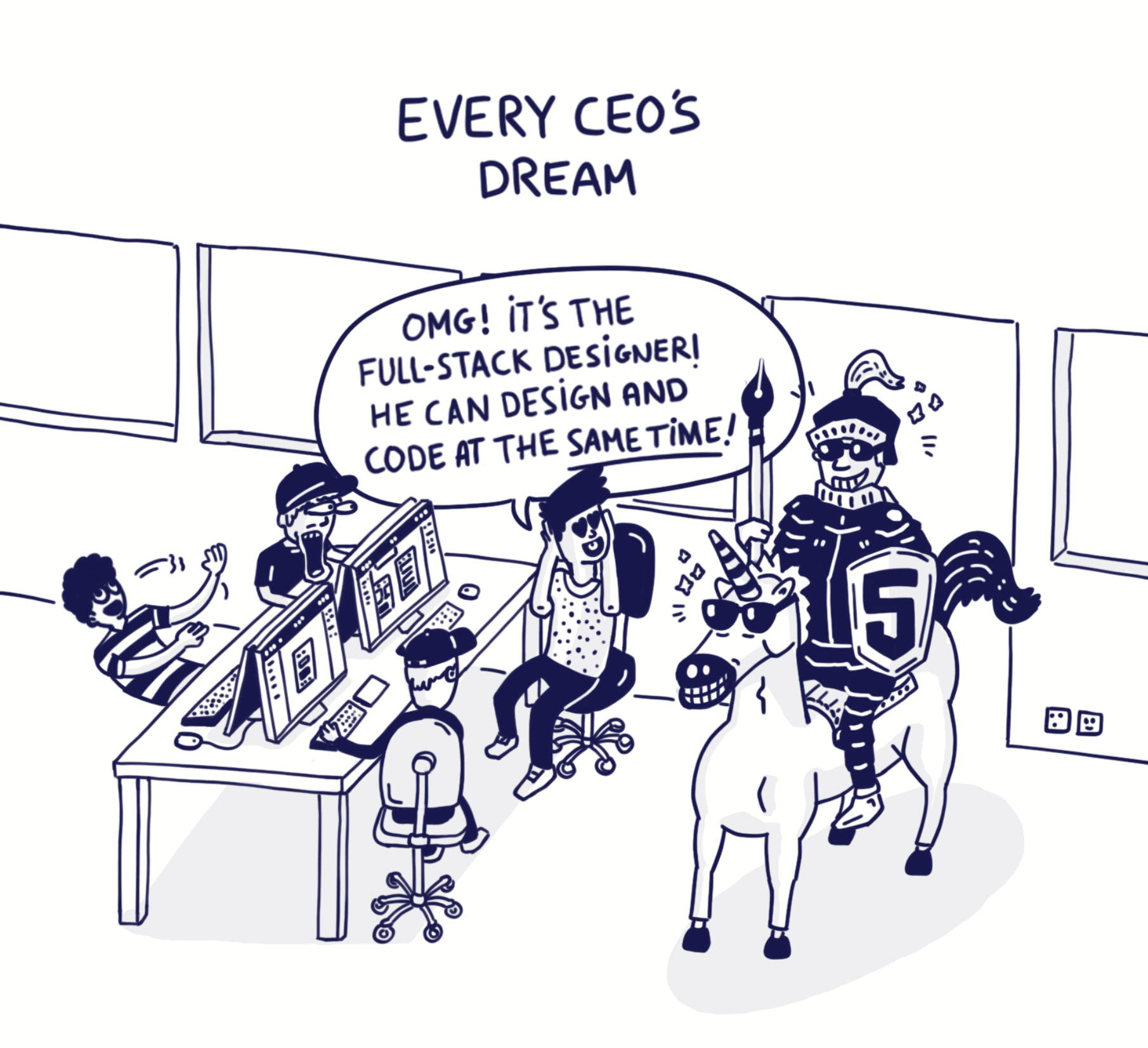 Comic of a full-stack designer dressed as a knight on a unicorn.