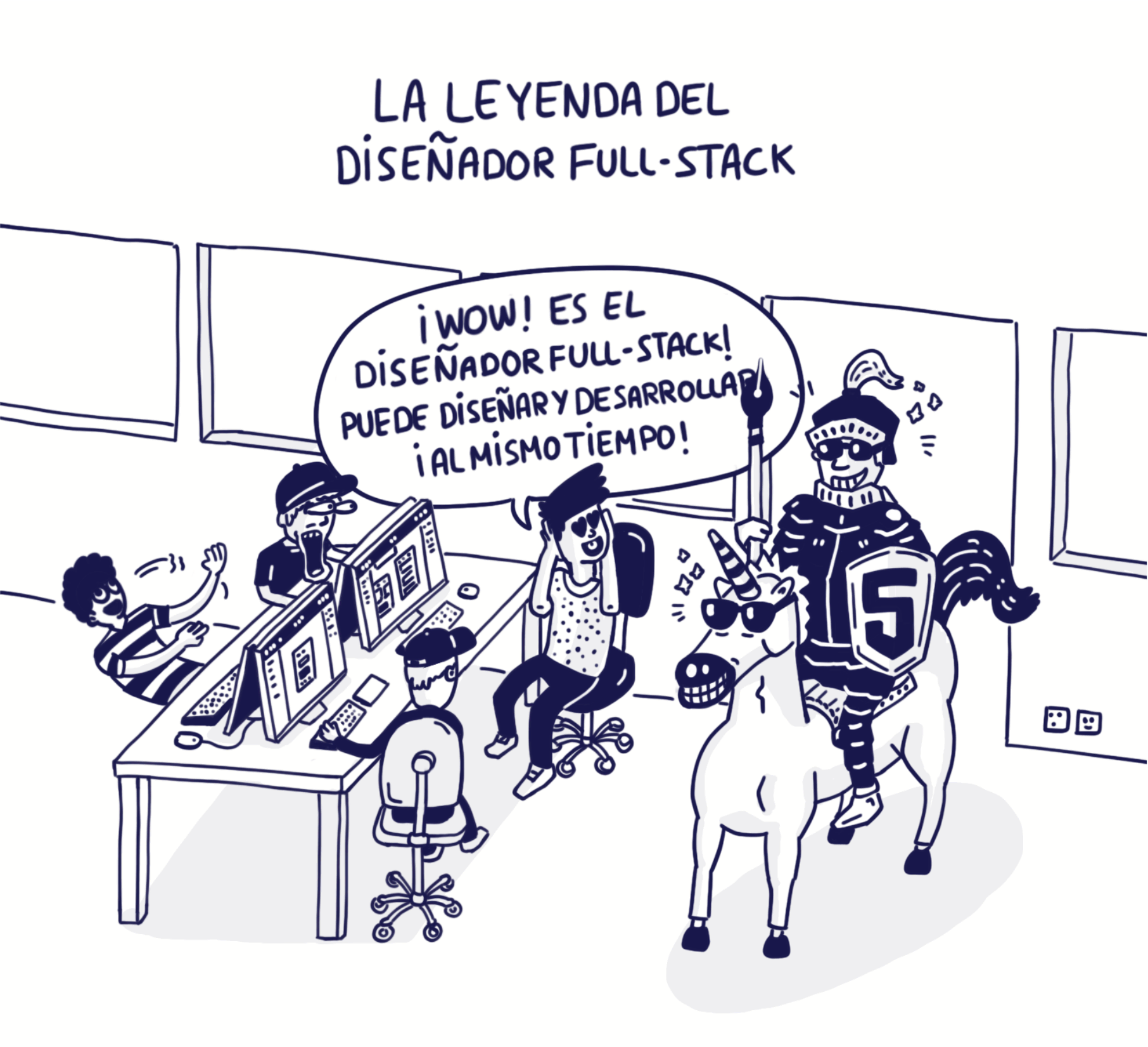 Cómic de un diseñador full-stack vestido de caballero sobre un unicornio.
