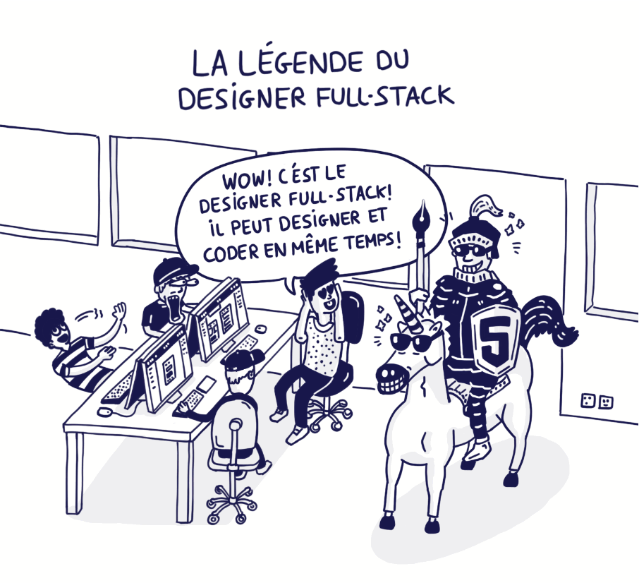 Illustraton d'un designer full-stack habillé comme un chevalier sur une licorne.