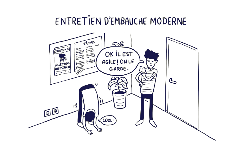 Illustration d'un prétendant à un emploi qui s'étire le corps pour prouver à son futur patron qu'il est agile