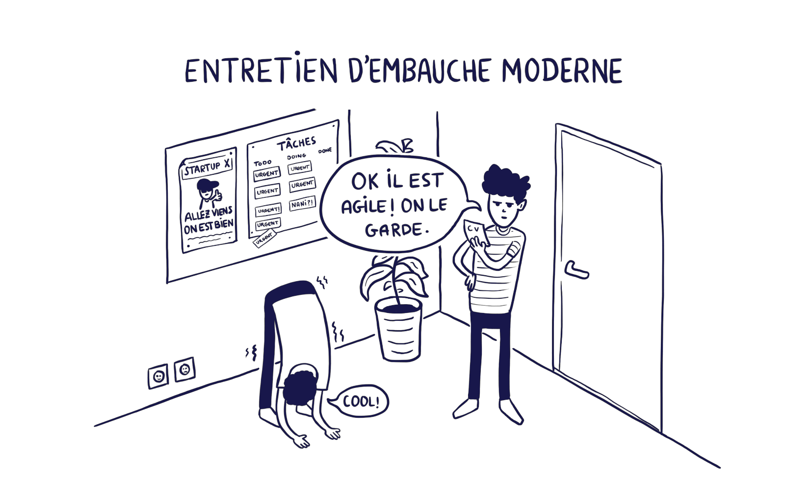 Illustration d'un prétendant à un emploi qui s'étire le corps pour prouver à son futur patron qu'il est agile