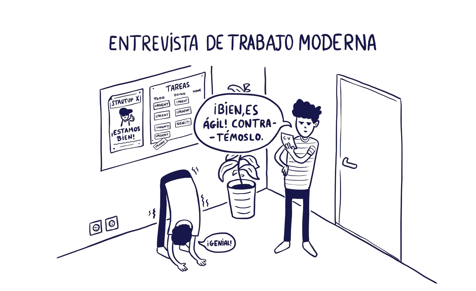 Comic de un pretendiente al trabajo estirando su cuerpo para demostrar a su futuro jefe que es ágil