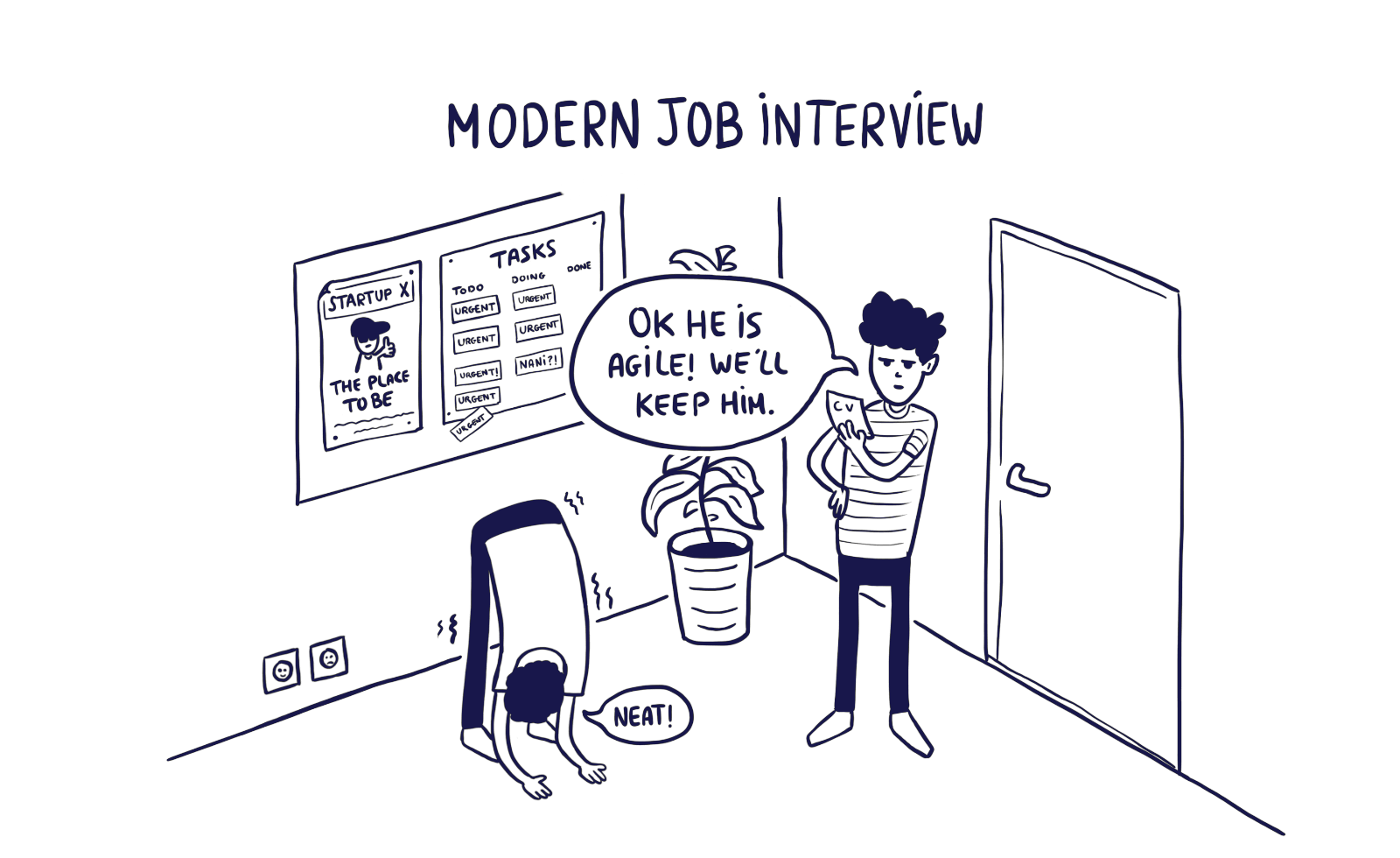 Comic of a job pretendent streching his body to prove his futur boss he is agile