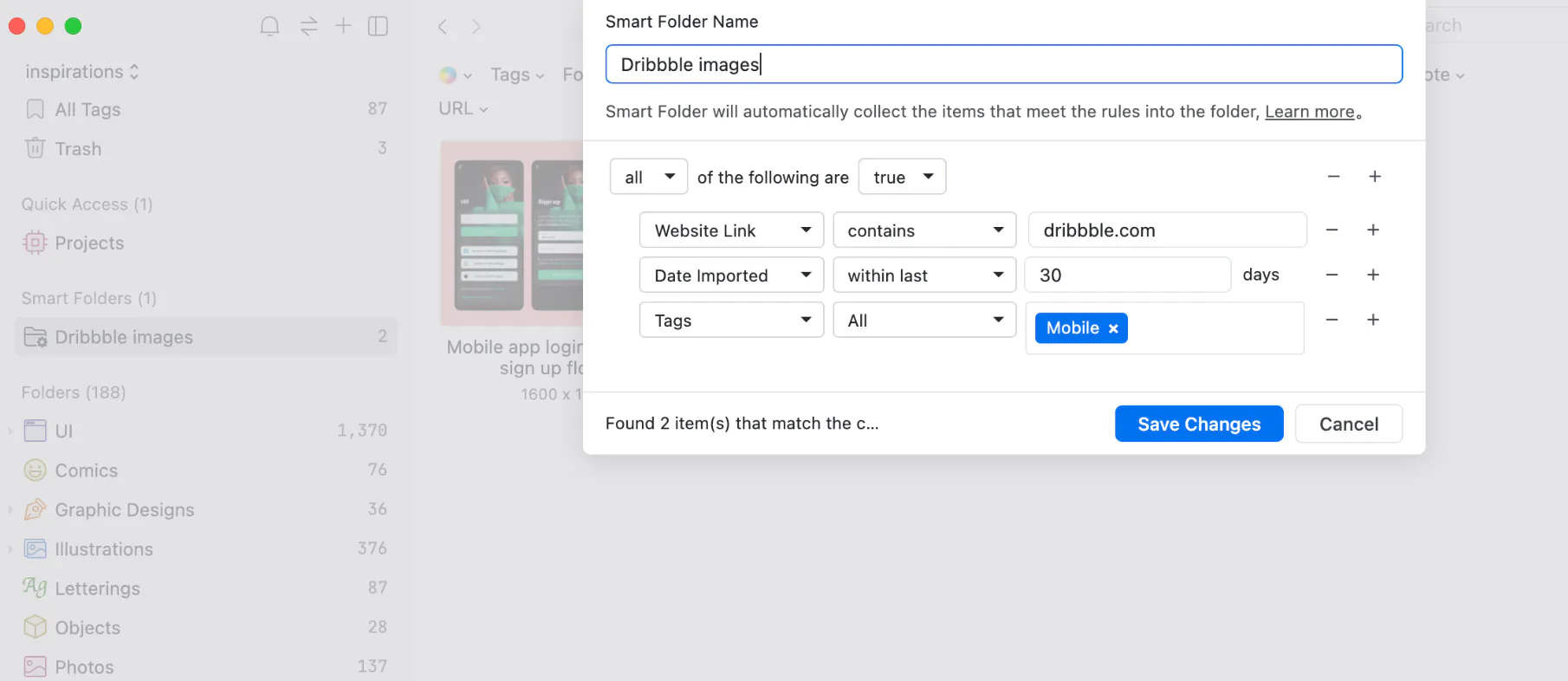 Capture parameters of a smart folder.