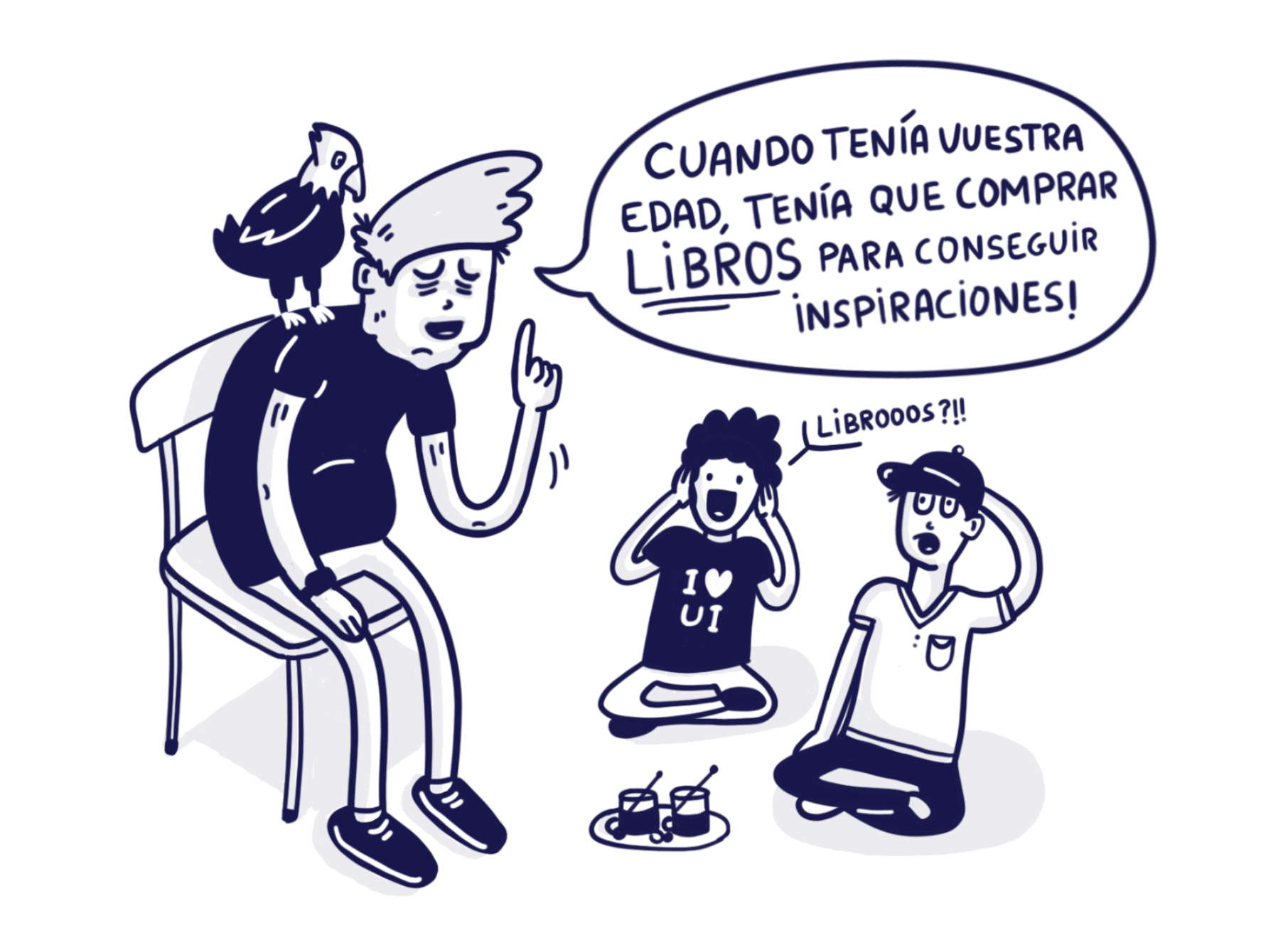 Ilustración estilo cómic de un antiguo diseñador que dice que en su época había que comprar libros para conseguir inspiraciones.