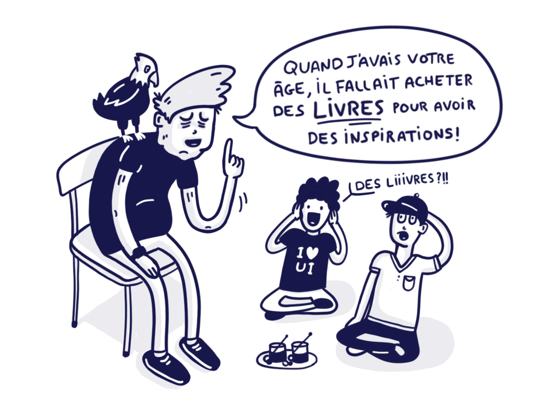 Illustration en style de comic d'un ancien designer qui raconte que dans son temps il fallait acheter des livres pour avoir des inspirations.