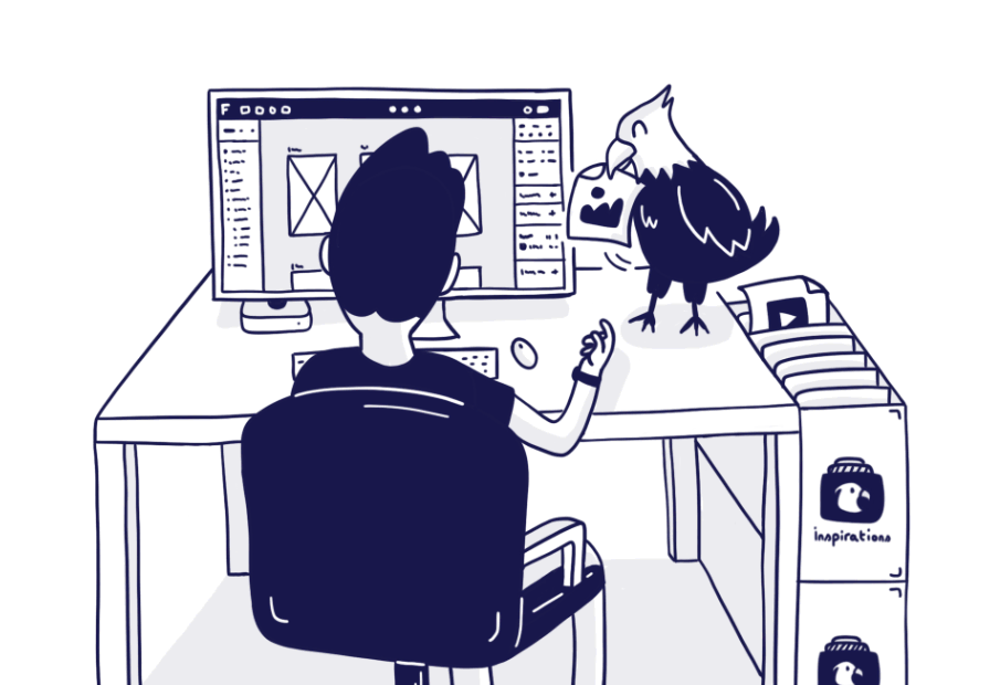 Illustration en style de comic d'un UI Designer qui obtient une inspiration de la part d'un aigle qui est sur son bureau.