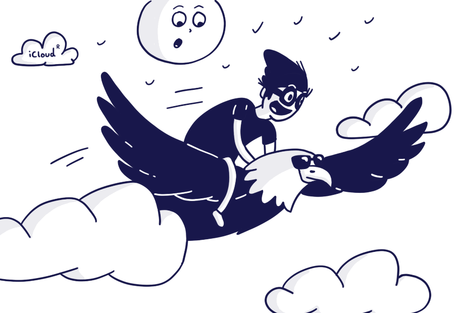 Ilustración estilo cómic de un diseñador volando sobre un águila gigante.